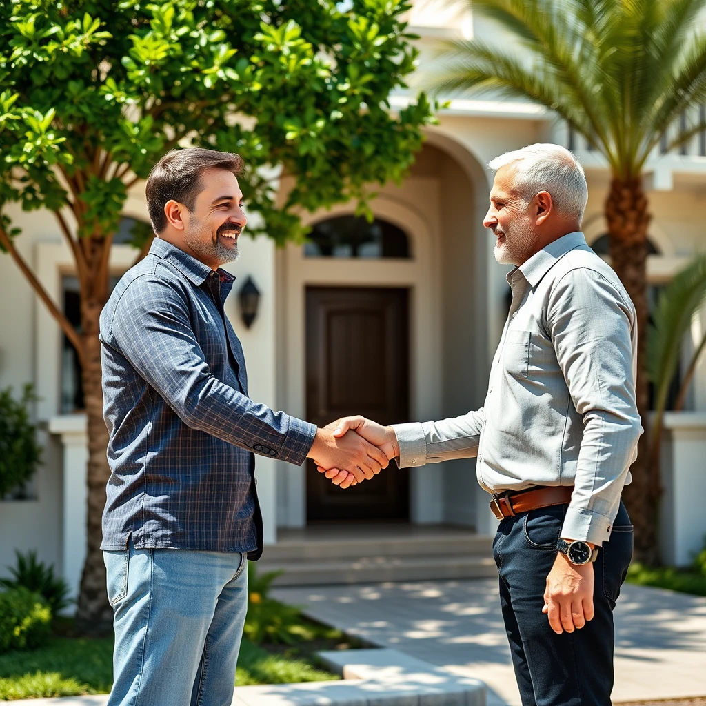 New homeowners receiving UAE villa keys from real estate agent