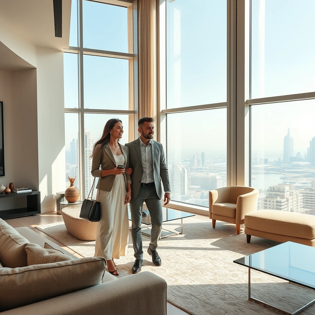 Expat couple touring luxury Dubai apartment with real estate agent