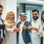 Diverse international buyers receiving Dubai property keys at office