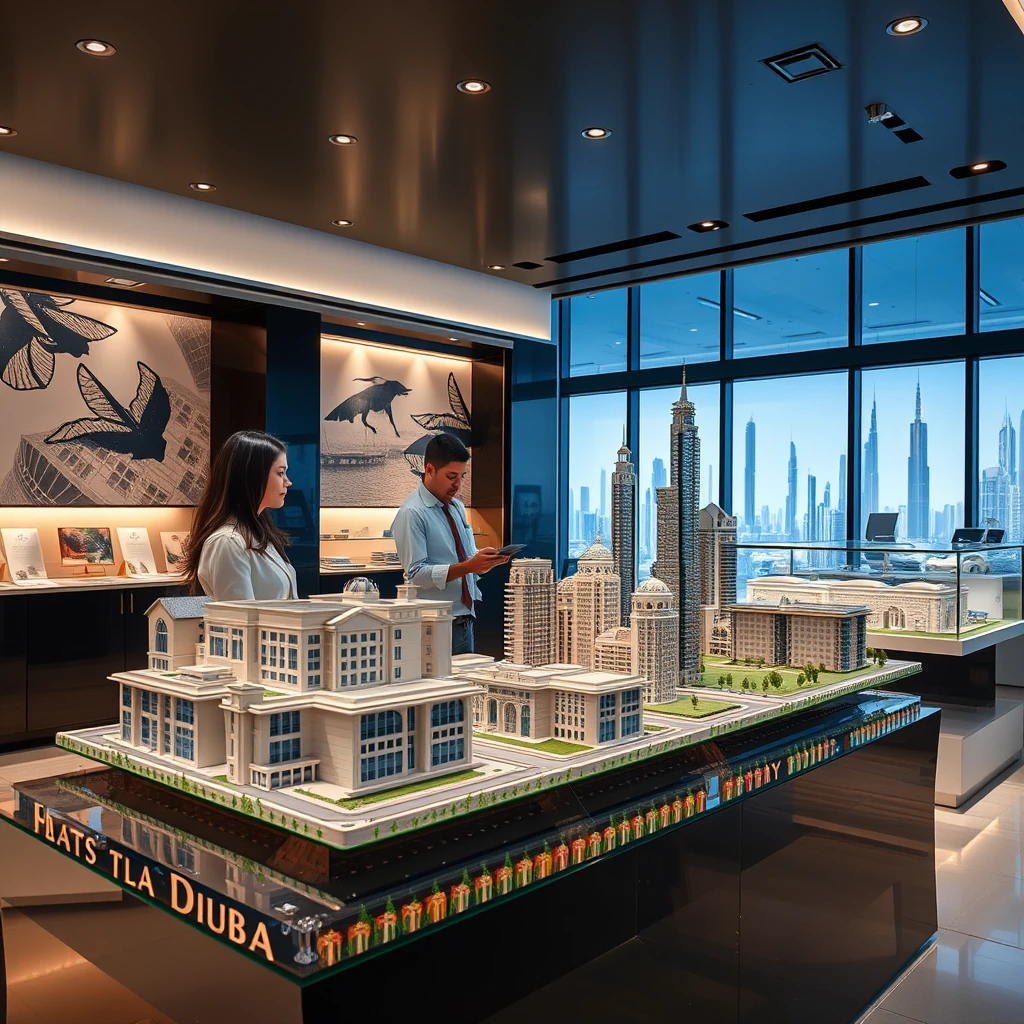 Dubai luxury real estate showroom with scale models and property advisors