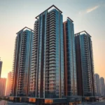 Luxury Dubai residential tower development golden sunset architecture