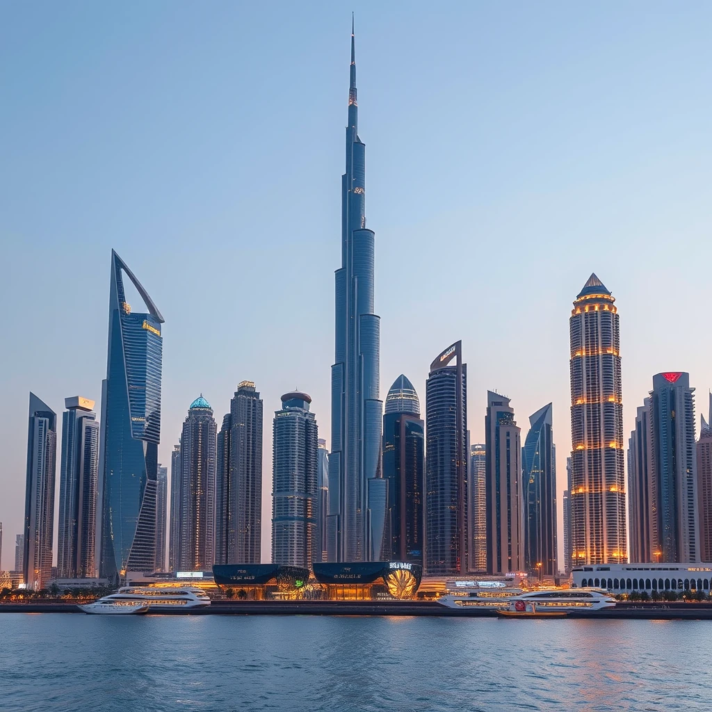 Skyline Dubai grattacieli costruzione edifici crescita mercato immobiliare tramonto