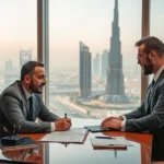 Advogado imobiliário Dubai explicando contrato compra clientes portugueses escritório