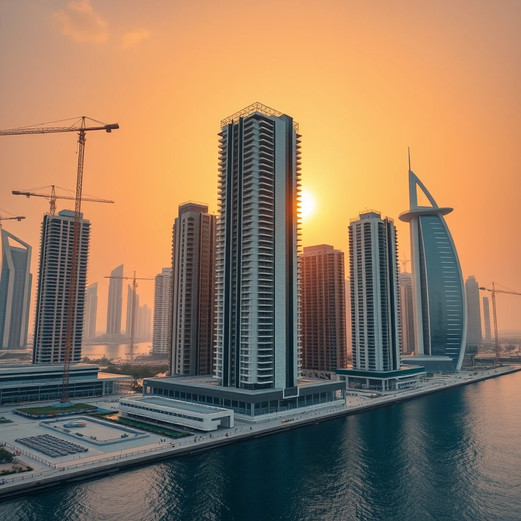 Arranha-céus Dubai construção edifícios crescimento imobiliário pôr do sol dourado