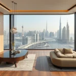 Apartamento lujo Dubai terraza panorámica skyline interior mármol madera premium