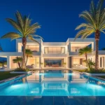 Villa lujo moderna Dubai jardín tropical piscina infinita palmeras arquitectura blanca