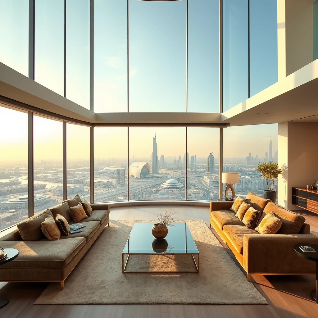 Soggiorno lusso casa Dubai arredamento design italiano finestre panoramiche vista città