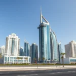 Compradores internacionais sorrindo recebendo chaves propriedade Dubai escritório moderno