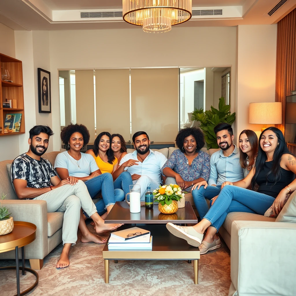 Diverse international flatmates relaxing in stylish Dubai shared apartment