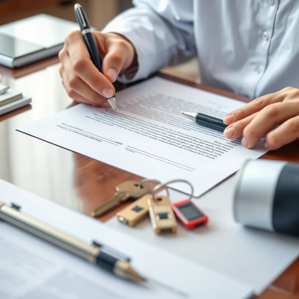 Unterzeichnung eines Immobilienkaufvertrags in Dubai mit Schlüsseln auf dem Schreibtisch