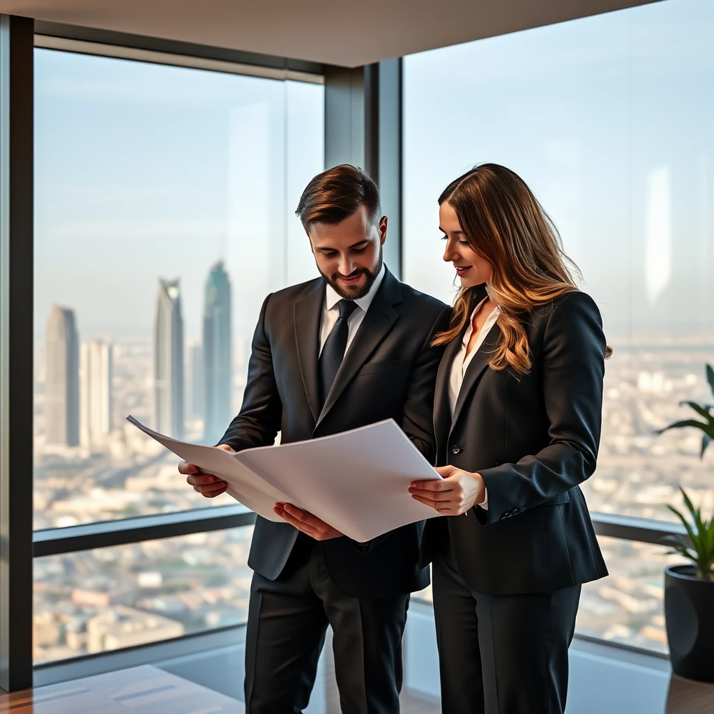 Real estate investment meeting in Dubai office with city skyline view