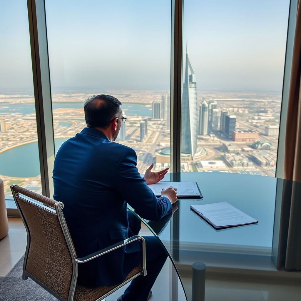 Investidor brasileiro consultor imobiliário Dubai documentos escritório moderno vista