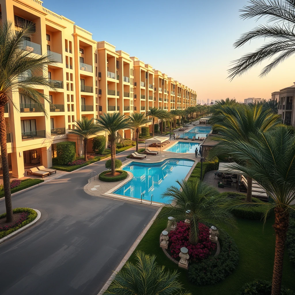 Comunidade residencial luxo Dubai ruas arborizadas piscina comunitária jardins segura