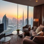 Expatriado português apartamento moderno Dubai vista panorâmica cidade entardecer confortável