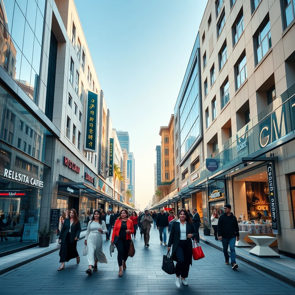 Rua comercial Dubai lojas internacionais restaurantes pessoas cosmopolitas dia ensolarado