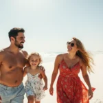 Família portuguesa praia privada Dubai sol areia branca estilo vida luxuoso descontraído