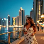 Coppia italiana passeggiata romantica Dubai Marina tramonto stile vita cosmopolita