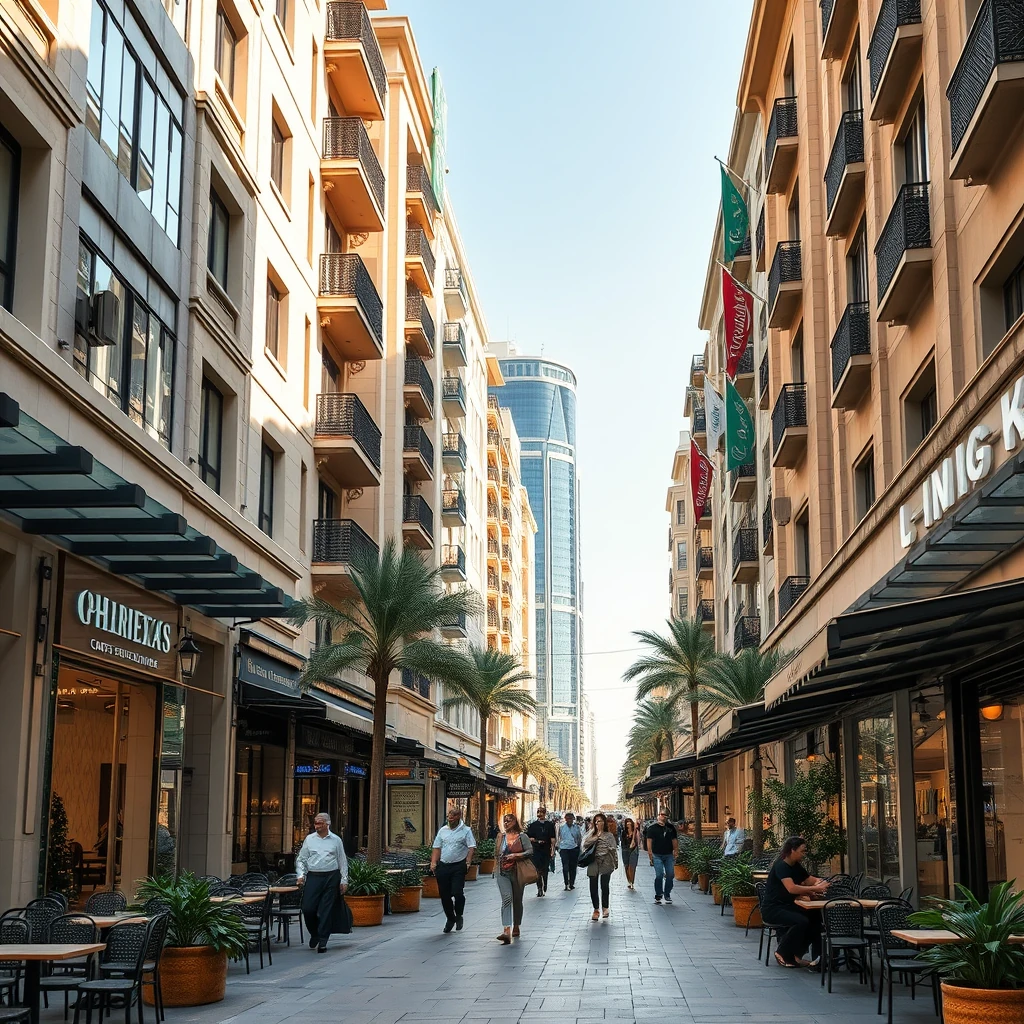 Calle peatonal Dubai terrazas cafeterías tiendas internacionales multicultural